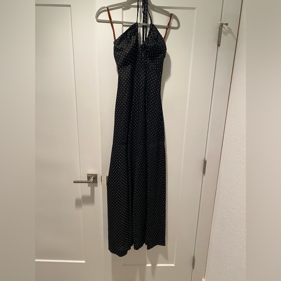 Vintage 1974 Evening Gown. Black crepe fabric/ small white dots. Halter top. Sm - Picture 1 of 8